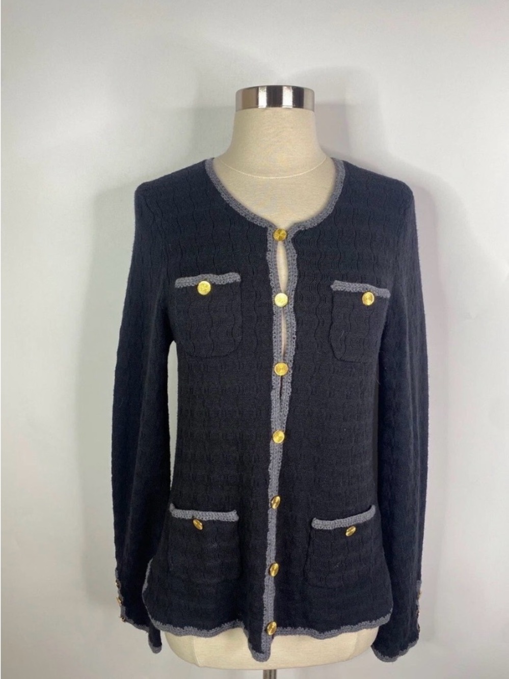 Trina Turk 100% Wool Classic Black Knit Cardigan with Gray Trim